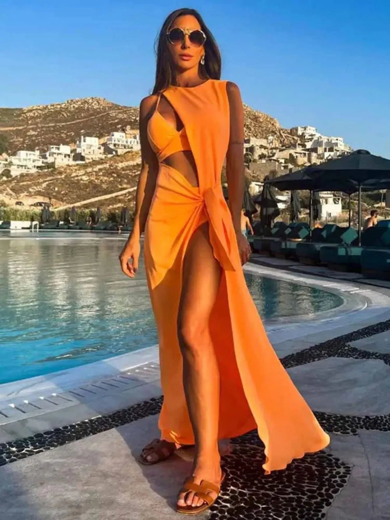 Robe longue, orange, trapèze, creuse, sans manches, beach wear NEITH