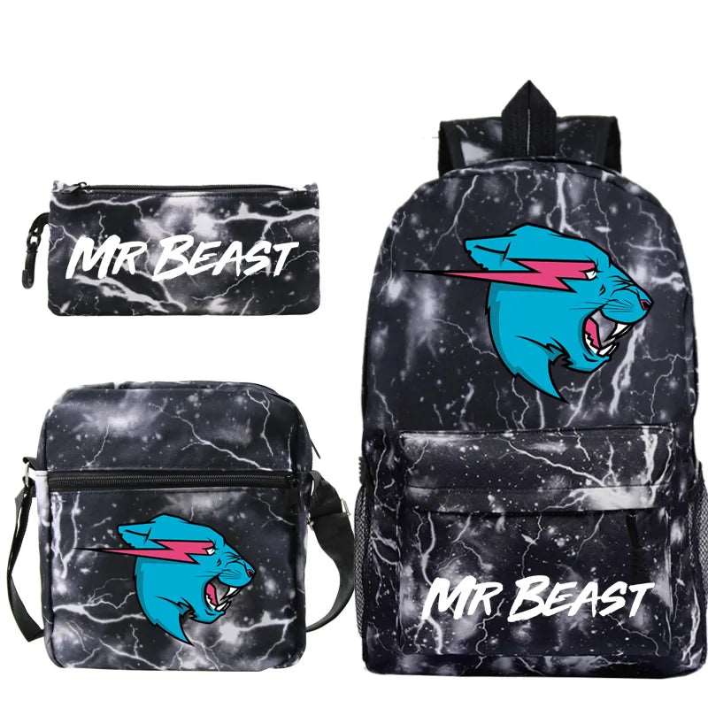 Sac à dos Mr Beast pour garçons et filles.Faites de la rentrée une aventure avec cet ensemble de sac à dos Mr Beast. Conçu pour les jeunes fans, il comprend un sac à dos, une trousse et un sac d'épaule assortis, parfaits pour l'école ou les voyages !