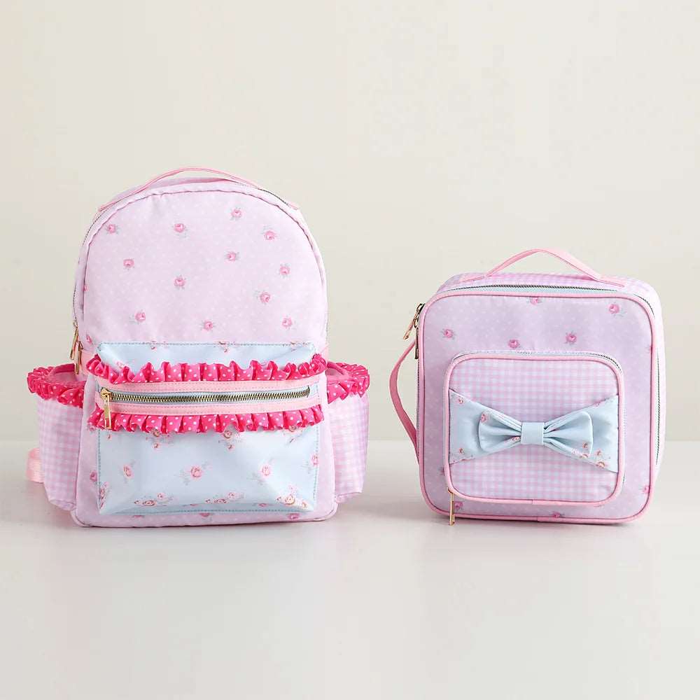 Sac à dos pour filles avec volant, en toile florale avec doublure à pois ou carreaux. Avec sa grande capacité et son design rose mignon, il est parfait pour le retour à l'école.