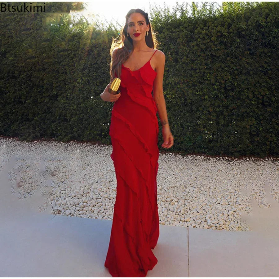 Robe longue, mousseline de soie rouge, avec volants, dos nu, fendue, parfaite pour mariages et soiré NEITH