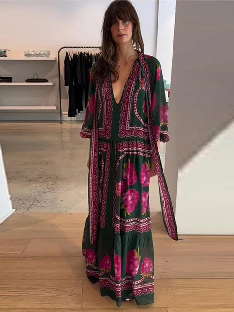 Robe longue, à volants, imprimé floral, Demi-manches, lacets – Coupe ample, décontracté, élégant, Casual NEITH