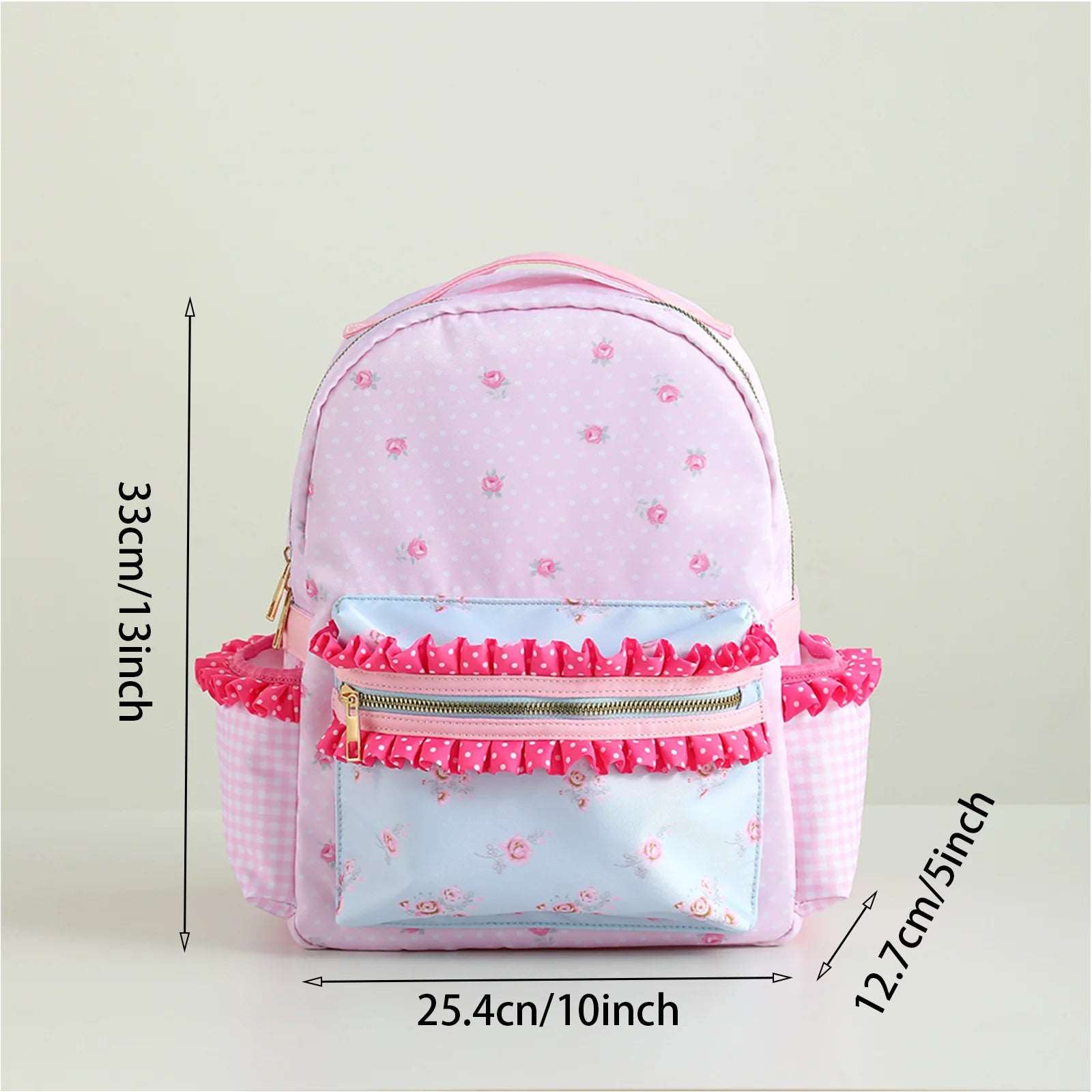 Sac à dos pour filles avec volant, en toile florale avec doublure à pois ou carreaux. Avec sa grande capacité et son design rose mignon, il est parfait pour le retour à l'école.