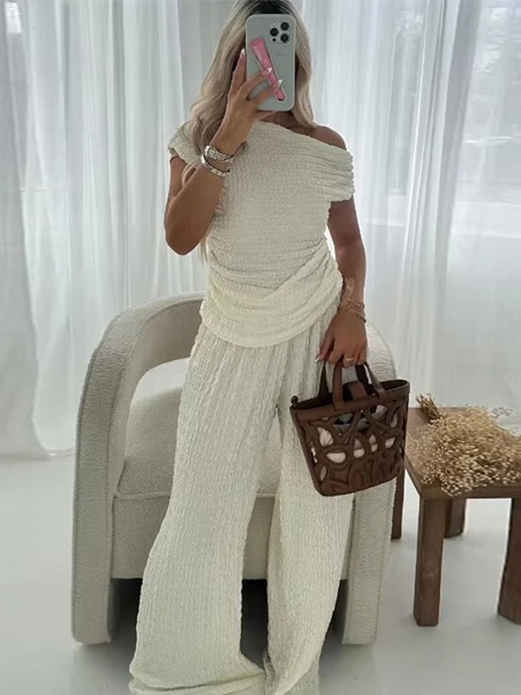 Ensemble 2 pièces, en tricot, haut sans manches, asymétrique et pantalon à jambes larges, Casual NEITH