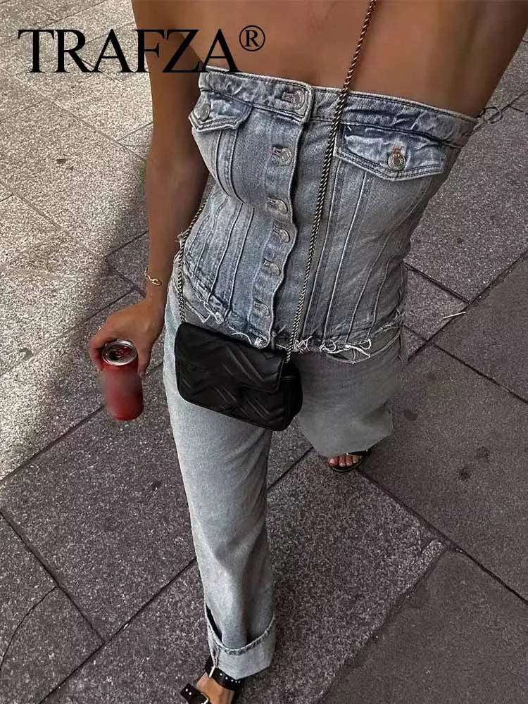 Combinaison en jean, bustier, dos nu, avec fermeture à bouton, vintage, Streetwear NEITH