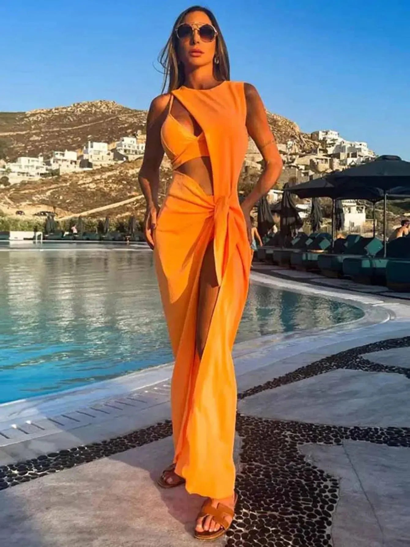 Robe longue, orange, trapèze, creuse, sans manches, beach wear NEITH