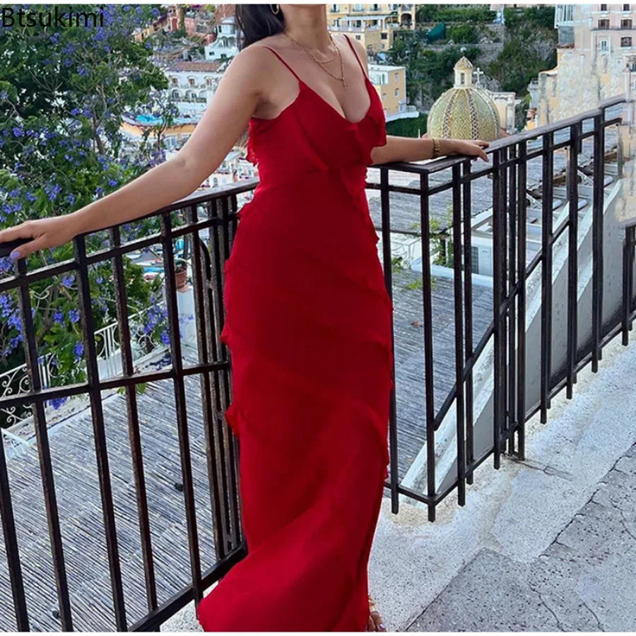 Robe longue, mousseline de soie rouge, avec volants, dos nu, fendue, parfaite pour mariages et soiré NEITH