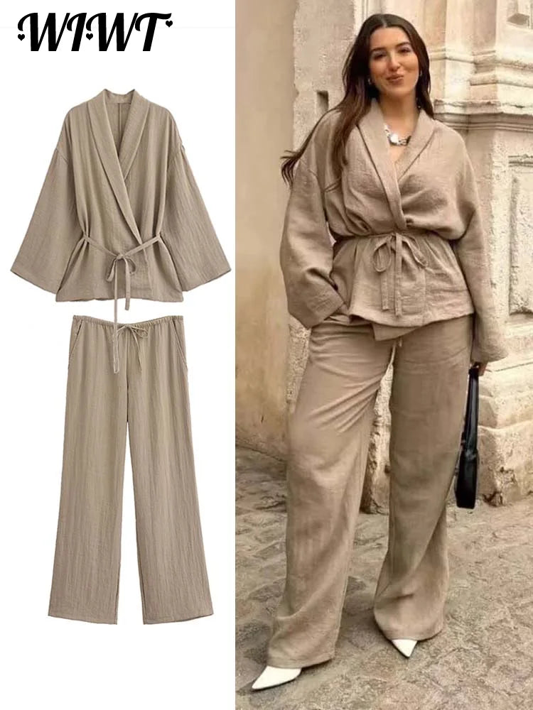 Ensemble 2 pièces, chemise à manches longues, à revers avec cordon de serrage, pantalon à jambes larges, Chic et décontracté NEITH