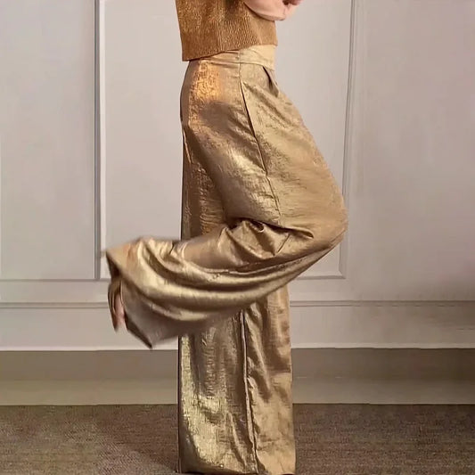 Pantalon, large, taille haute, à poches, coupe droite, couleur métallique, Vintage NEITH