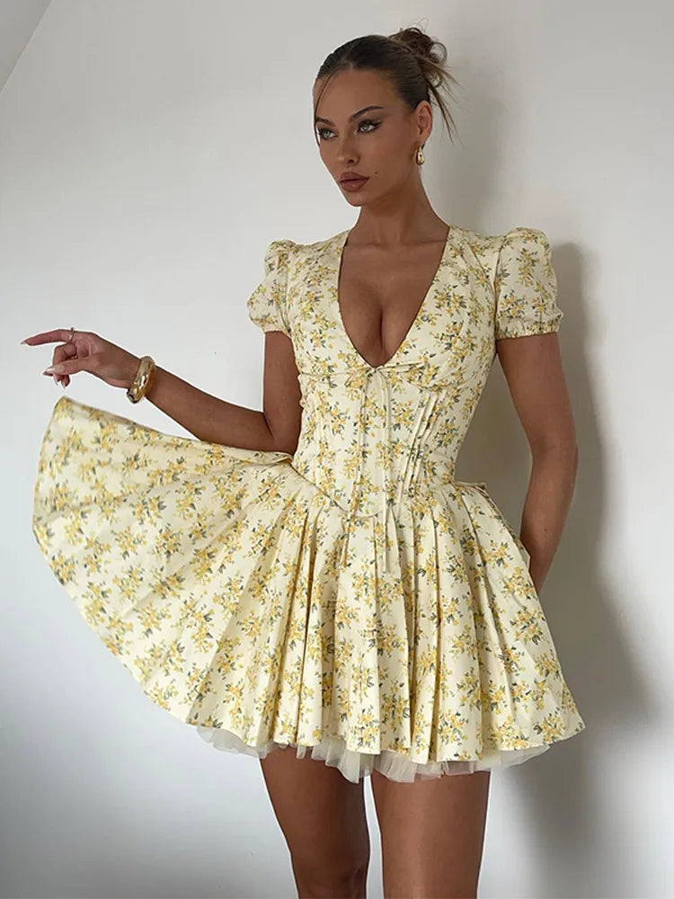 Robe courte, imprimé floral, col V, taille haute, Slim, élégante, sexy NEITH