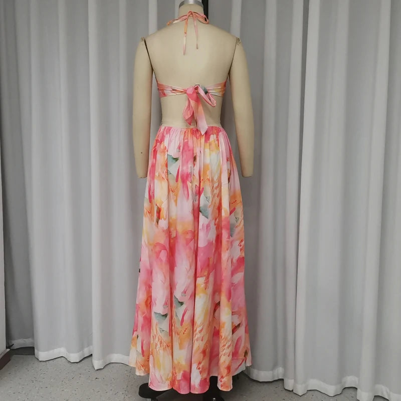 Robe longue, imprimé floral, dos nu, découpé, élégante NEITH