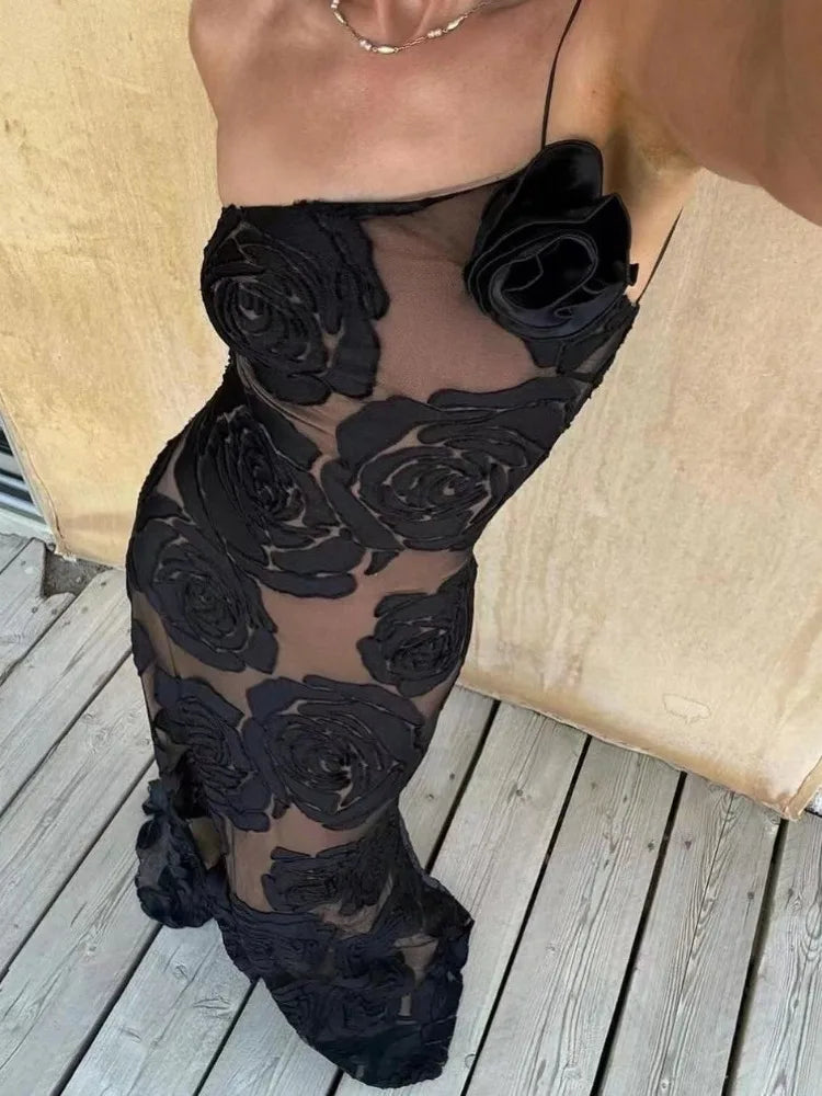 Robe longue, à applique floral, transparente, à une épaule, élégante NEITH