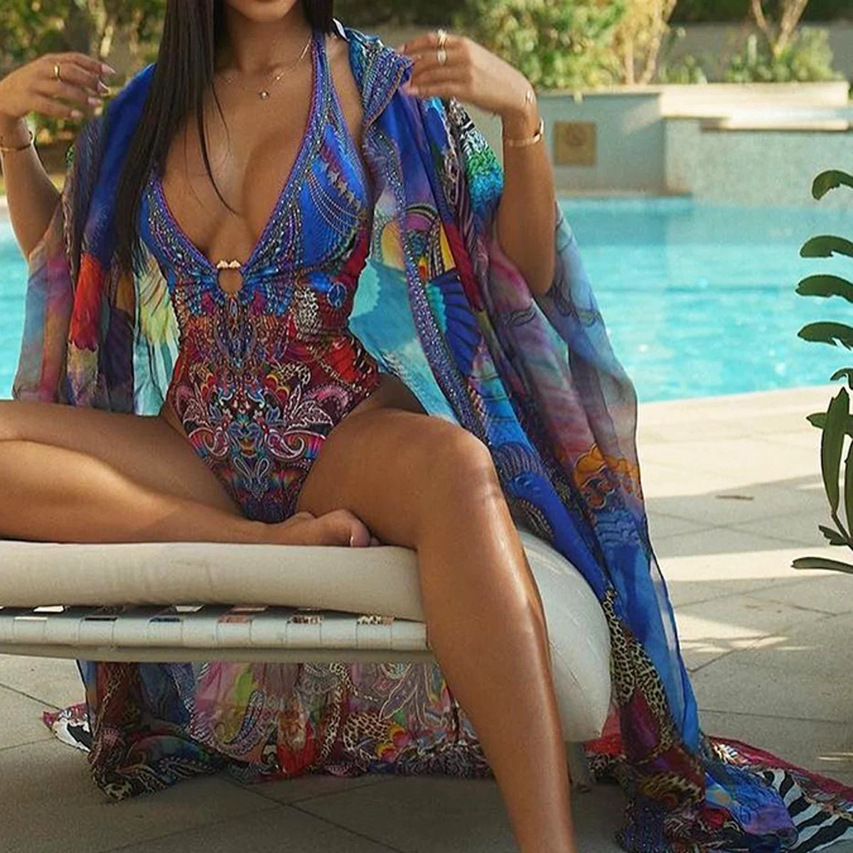 Maillot de bain,1 pièce, Bikini, décolleté v profond, impression contrastée, Sexy, Rétro NEITH