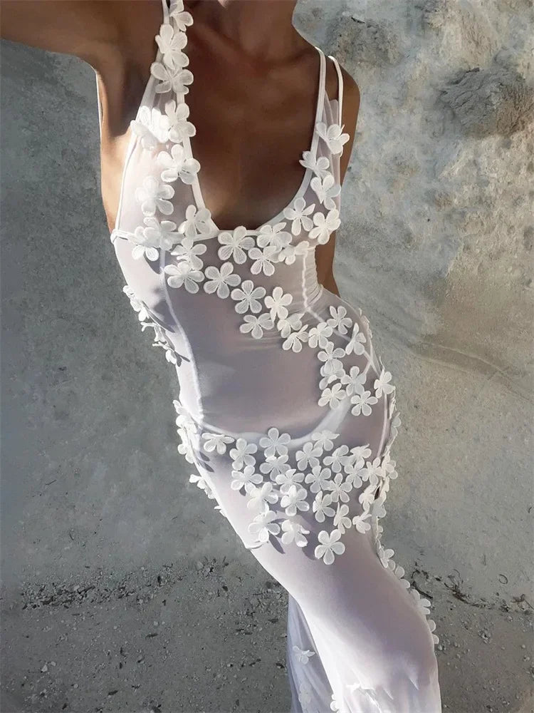 Robe longue, moulante, en mousseline de soie, dentelle, transparente, beach club NEITH