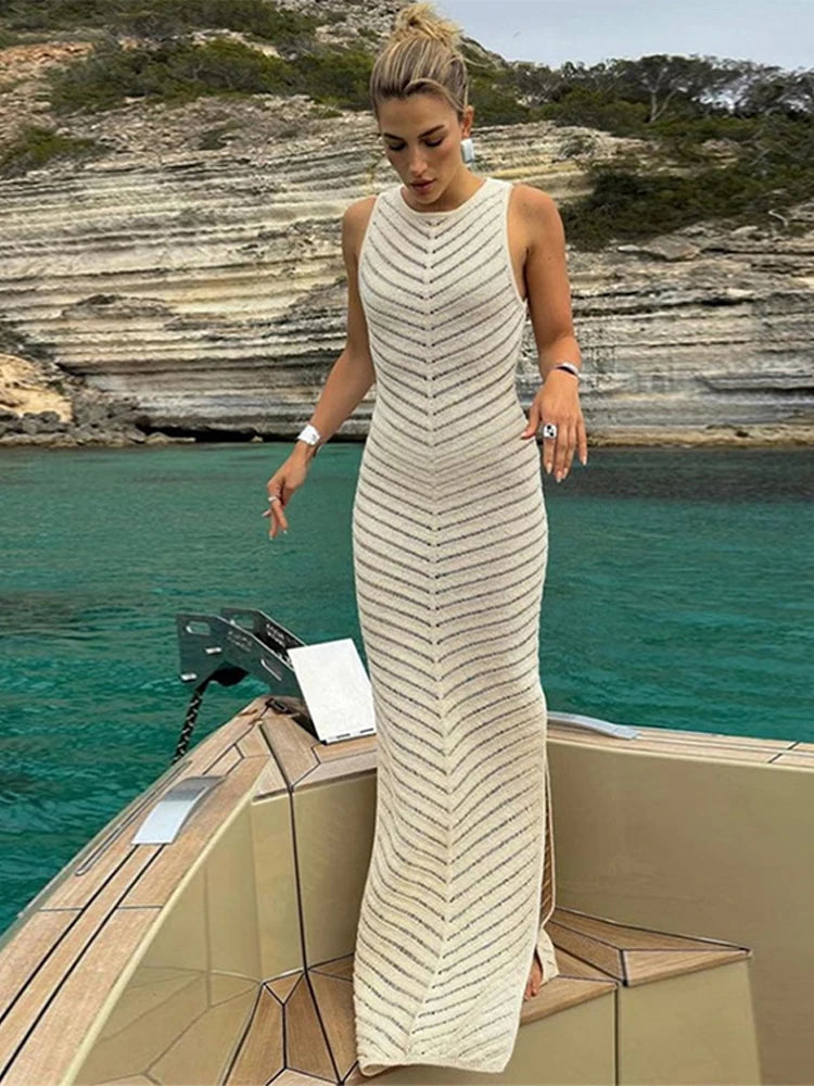 Robe longue, en tricot, sans manches, fendue, transparente, beach wear, élégante NEITH