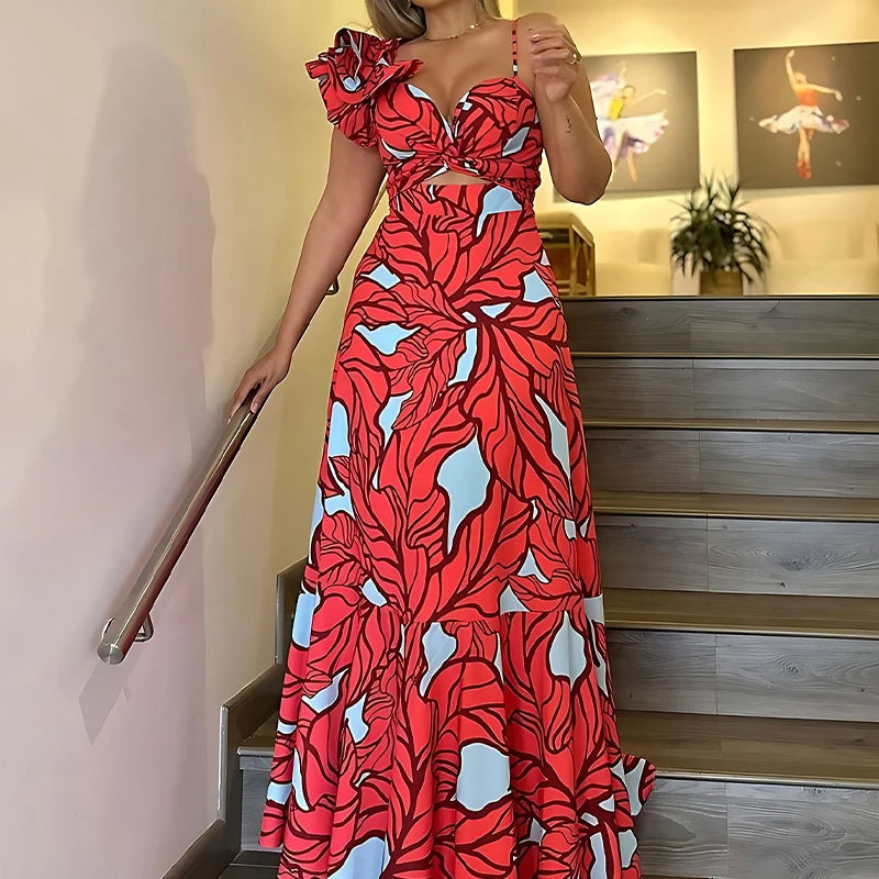 Robe longue, manches à imprimé floral, taille haute, détail creux, bohème, élégant NEITH