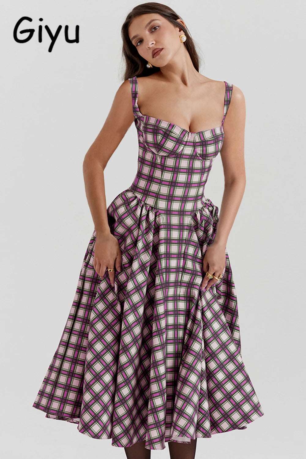 Robe longue à carreaux imprimé, sans manches, rétro sexy NEITH