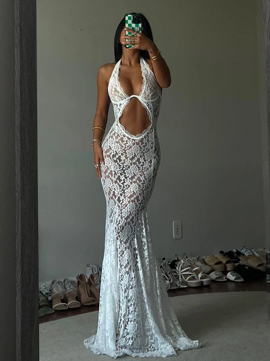 Robe longue, en dentelle blanche, dos nu, transparente, patchwork, sexy NEITH