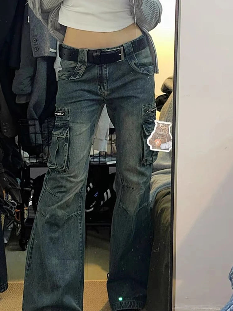 Pantalon, jean, Cargo, Denim, grandes poches, décontracté, Korean fashion NEITH