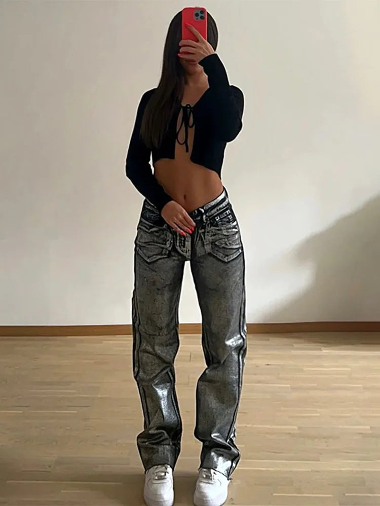 Jean Baggy, taille Haute, Imprimé Délavé, Denim, Streetwear NEITH