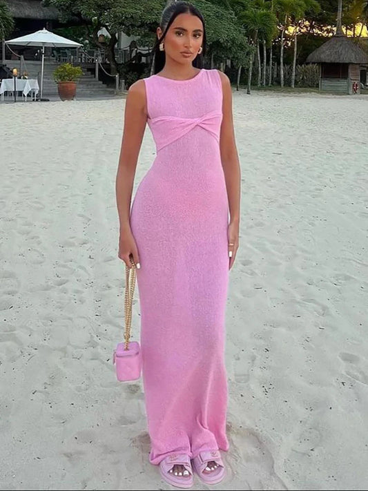 Robe longue, tricotée, transparente froncée, à col rond, sans manches, beach wear NEITH