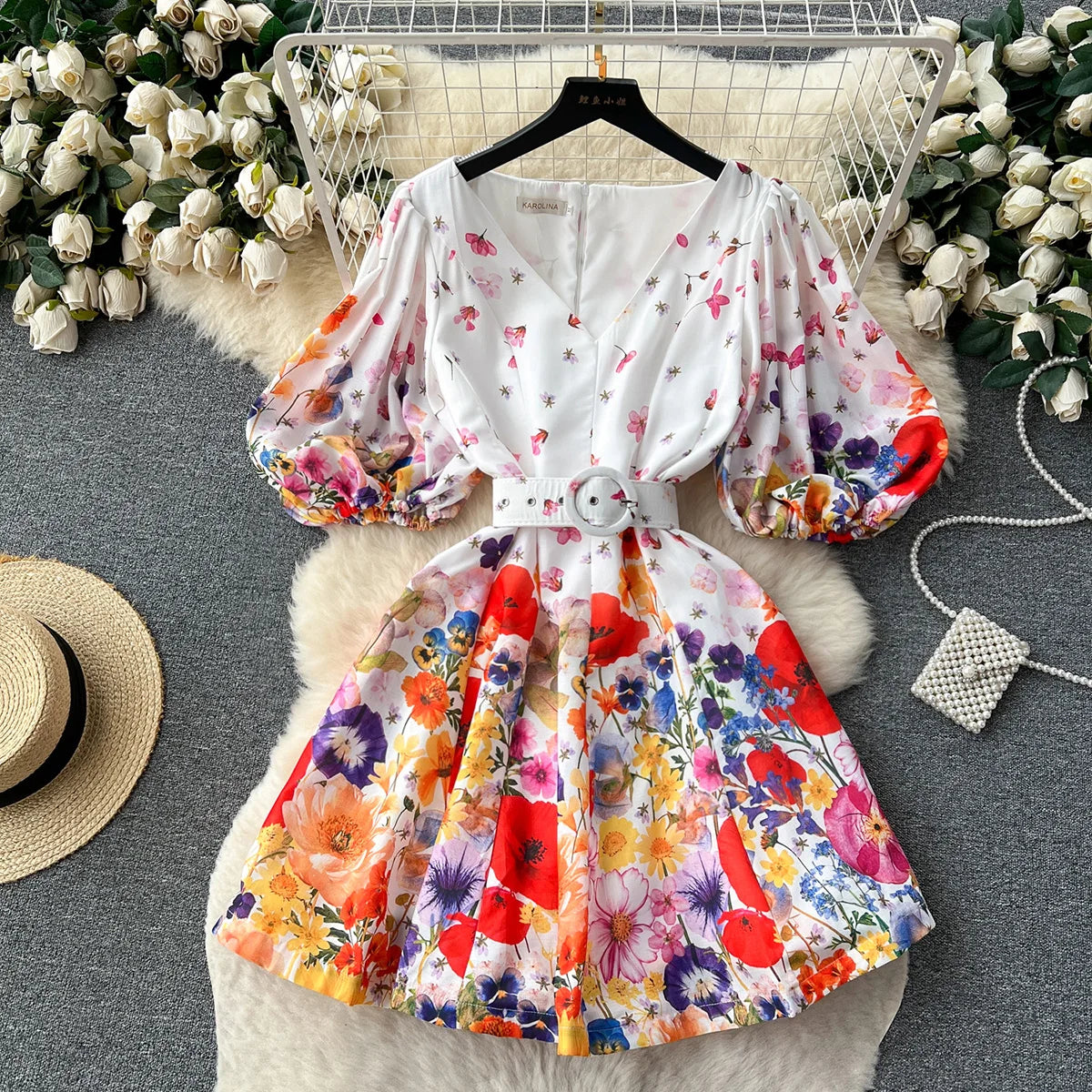 Robe courte, imprimé floral, col v, manches courtes, bouffantes, ceinture, Vintage NEITH