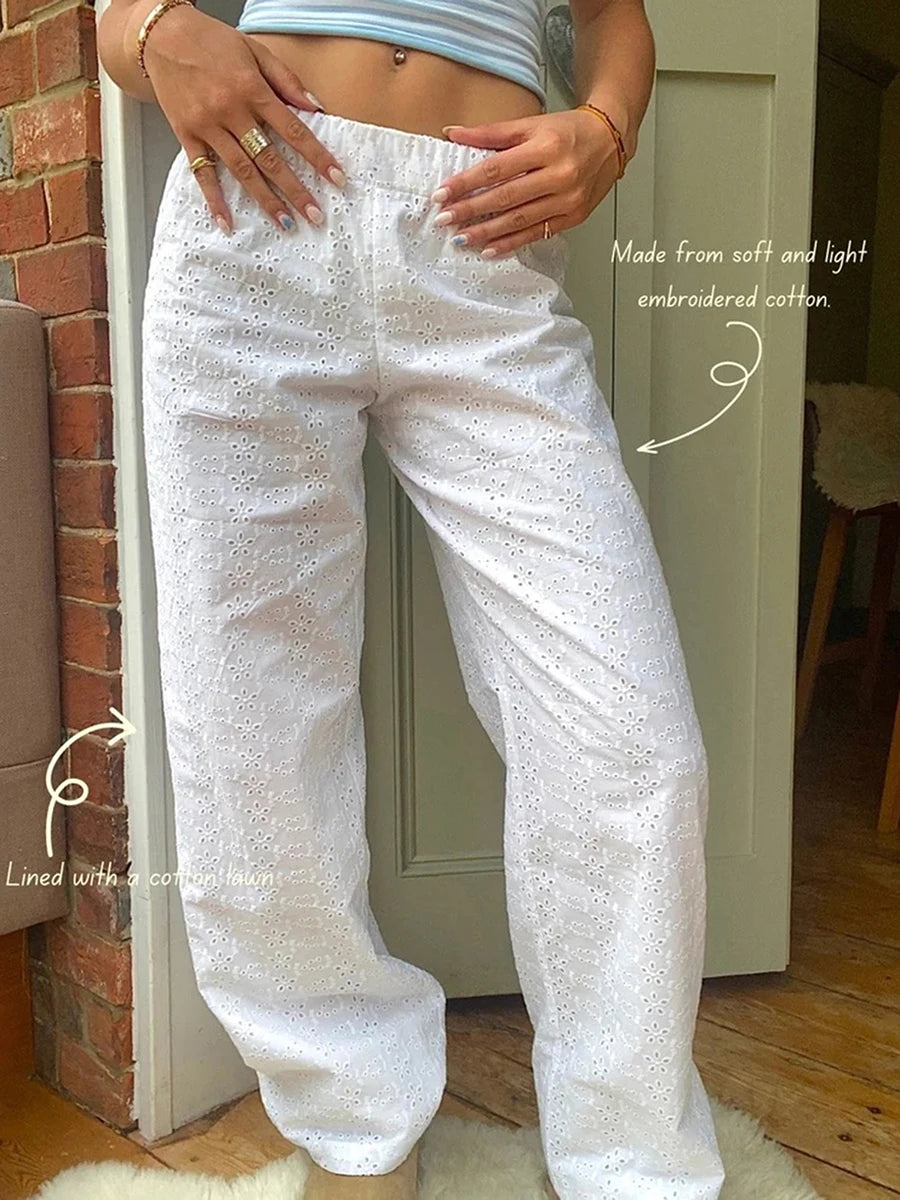 Pantalon à broderie de fleurs, taille élastique, jambe large, confortable Streetstyle NEITH