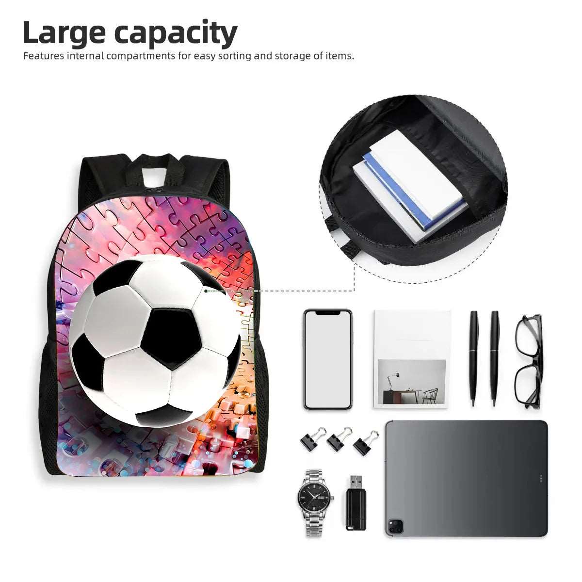 Sac à dos pour garçons avec impression 3D de football, fabriqué en nylon. Avec une grande capacité et un design durable et souple, il est parfait pour l'école. Personnalisable avec un logo.