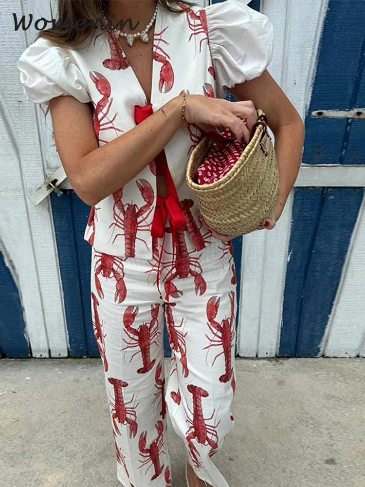 Ensemble 2 pièces, imprimé homard, chemise à manches courtes et bouffantes, pantalon à jambes larges, Casual NEITH