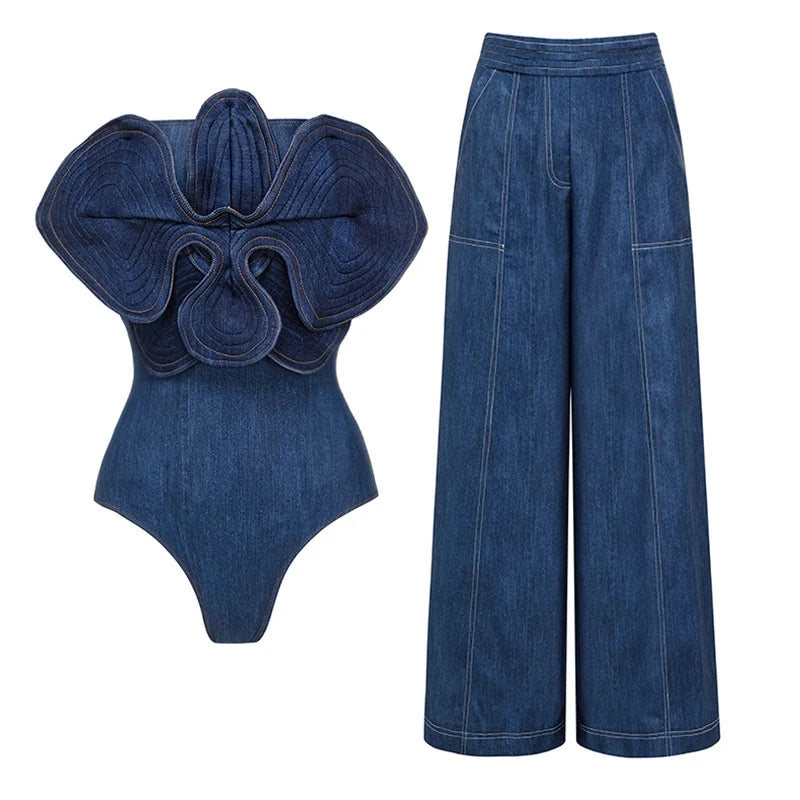 Ensemble, maillot de bain, denim, à épaules dénudées, imprimé fleur 3D, pantalon NEITH