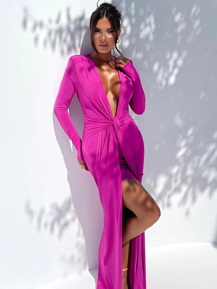 Robe longue, manches longues, col V profond, élégante, Clubwear NEITH