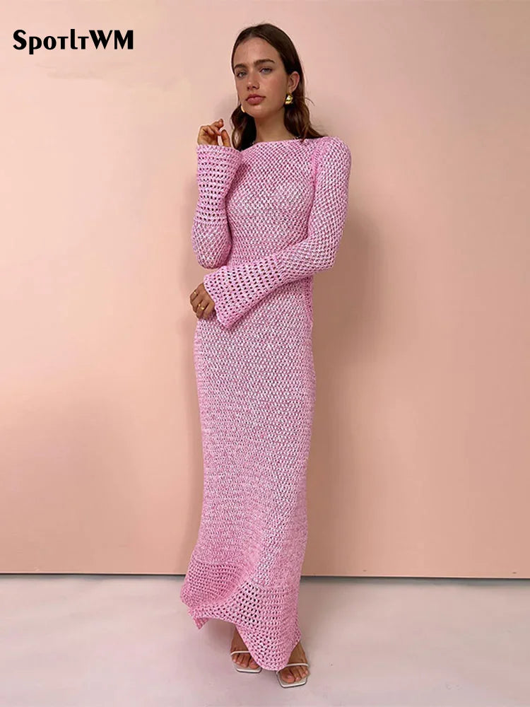 Robe longue, tricotée au crochet, rose, coupe ajustée, manches longues, col rond, spring, summer wear NEITH