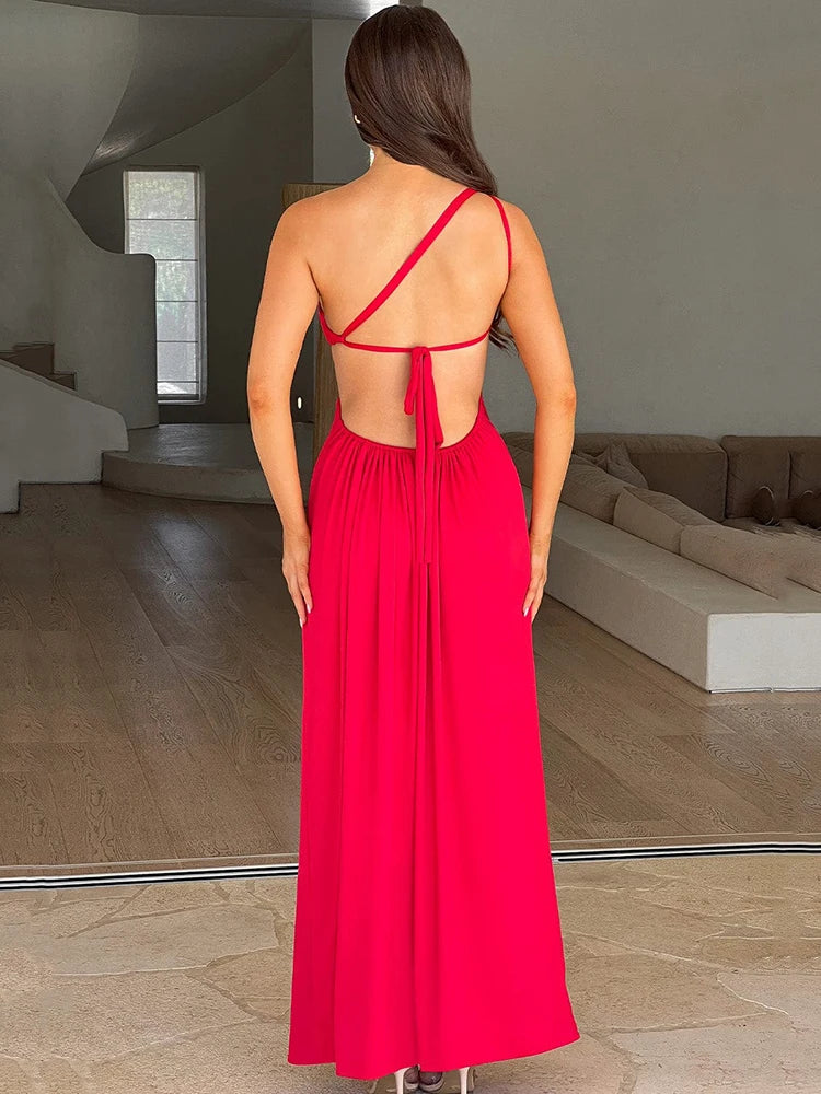 Robe longue à une épaule, col diagonal, fente haute, chic sexy NEITH