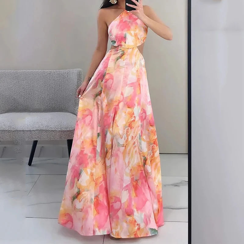 Robe longue, imprimé floral, dos nu, découpé, élégante NEITH