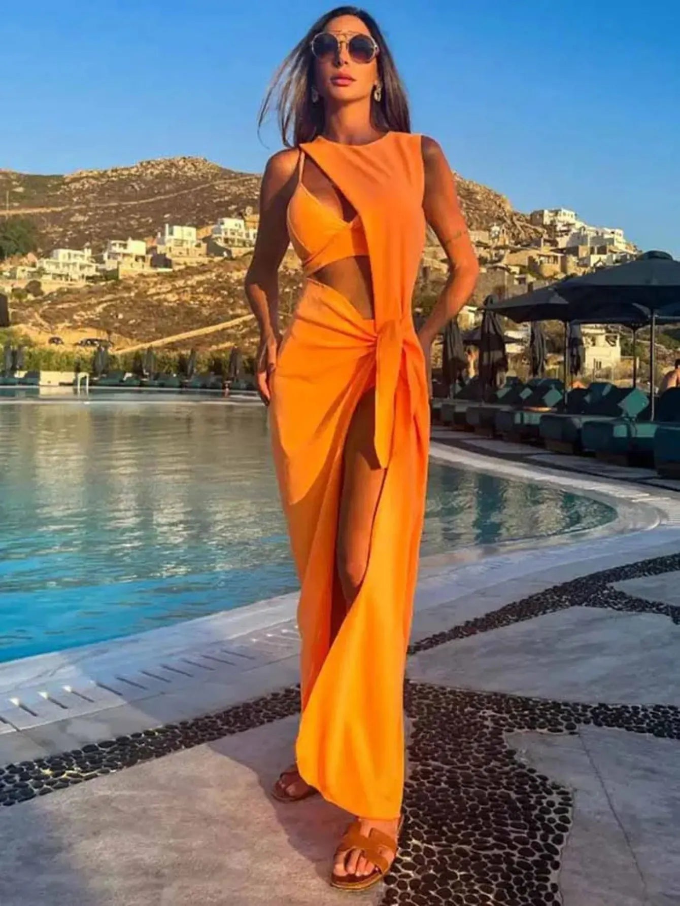 Robe longue, orange, trapèze, creuse, sans manches, beach wear NEITH