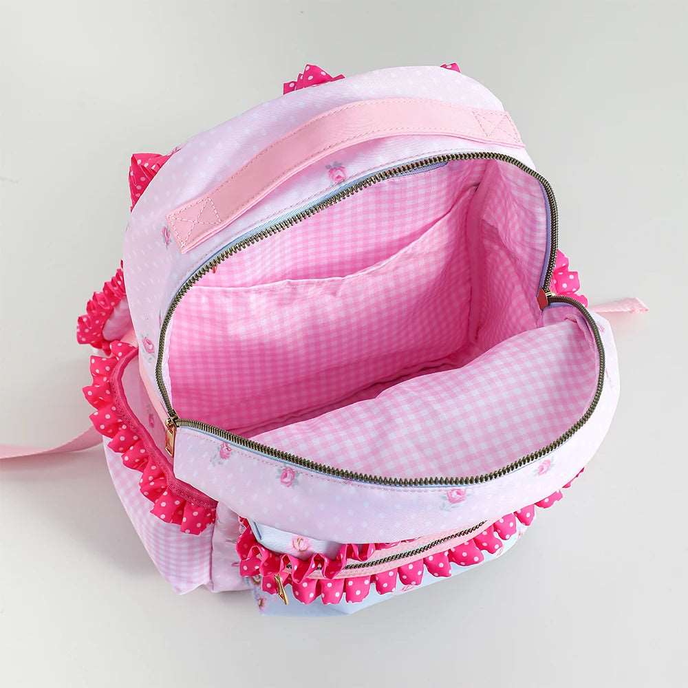 Sac à dos pour filles avec volant, en toile florale avec doublure à pois ou carreaux. Avec sa grande capacité et son design rose mignon, il est parfait pour le retour à l'école.