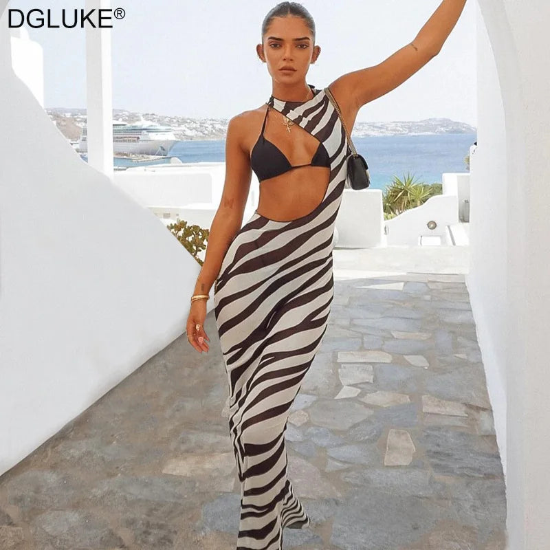 Robe, longue, en maille, imprimé zèbre, transparente, moulante, sexy et élégante, beach wear NEITH