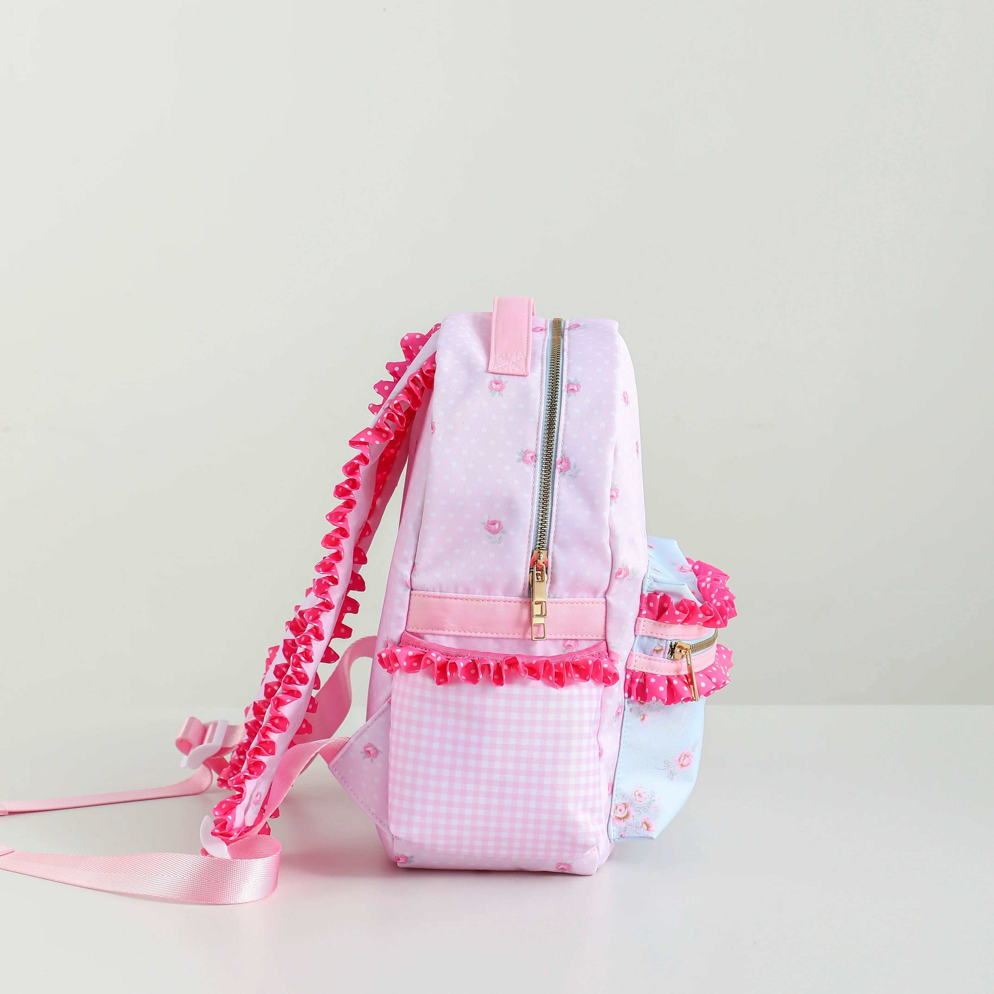 Sac à dos pour filles avec volant, en toile florale avec doublure à pois ou carreaux. Avec sa grande capacité et son design rose mignon, il est parfait pour le retour à l'école.