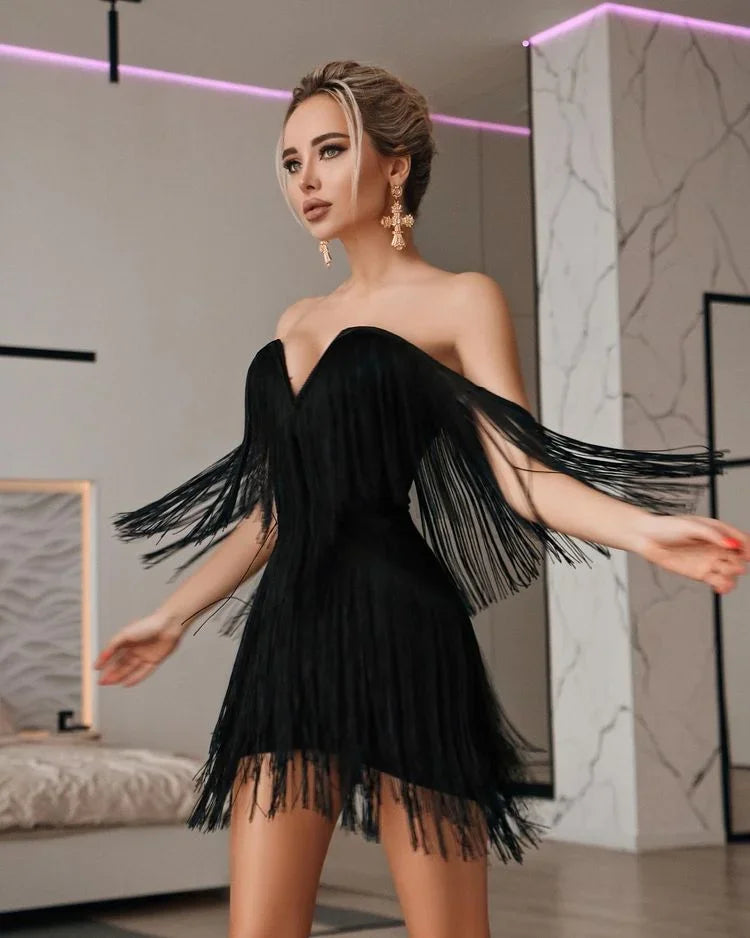 Robe courte, bandes à pompon, col V, épaules dénudées, luxury NEITH