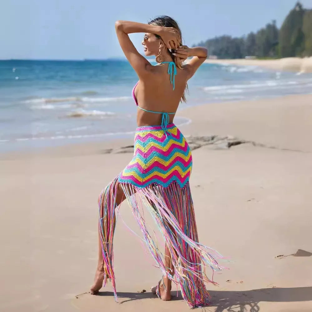 Ensemble 2 pieces, Haut court, ondulé, jupe à pompons, tricot arc-en-ciel, beach wear NEITH