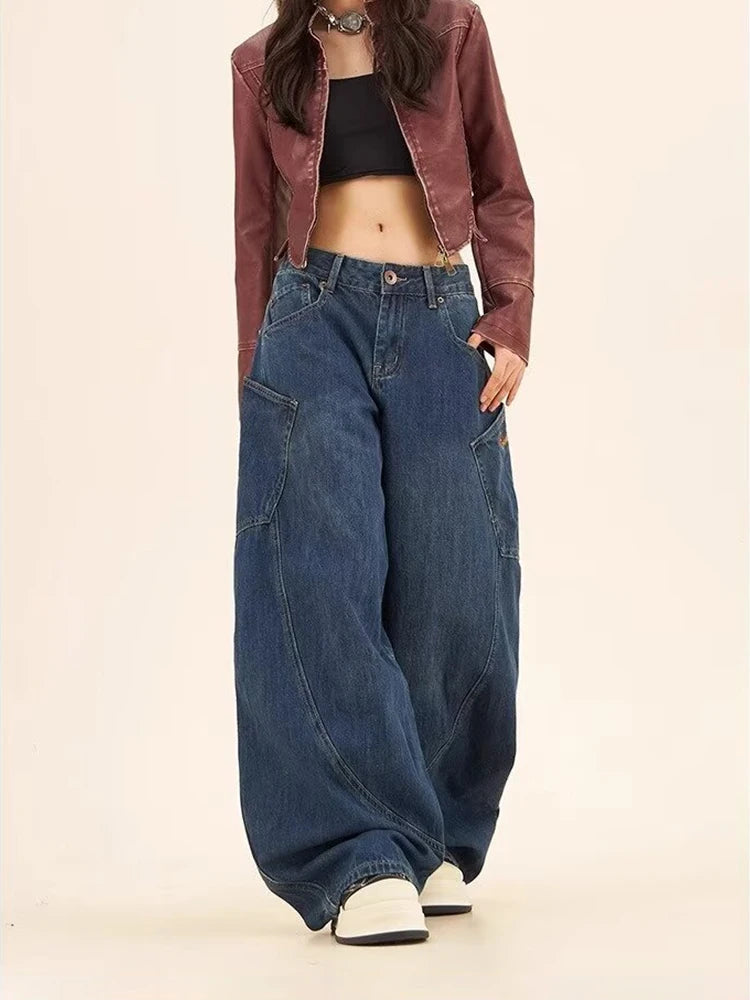 Jeans cargo baggy : taille haute et style vintage Y2K pour une allure décontractée.