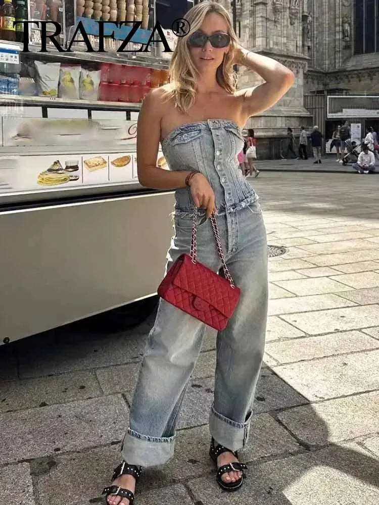 Combinaison en jean, bustier, dos nu, avec fermeture à bouton, vintage, Streetwear NEITH