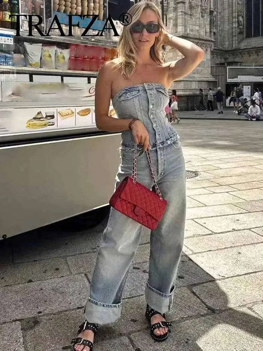 Combinaison en jean, bustier, dos nu, avec fermeture à bouton, vintage, Streetwear NEITH