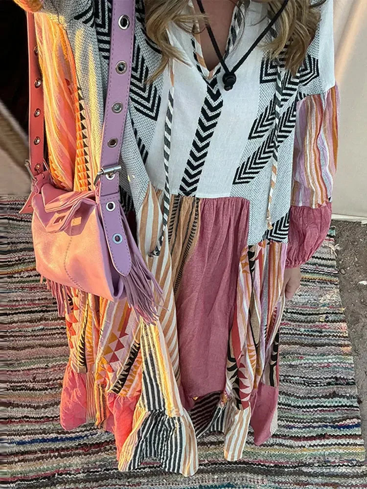 Robe longue, Patchwork, à Rayures, Ample à Col en V, rétro,  Boho NEITH