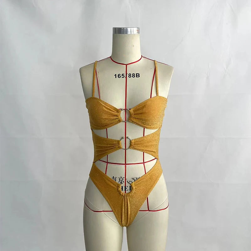 Maillot de bain, 1 pièce, imprimé doré, dos à lacets, triangle, taille basse, sexy NEITH