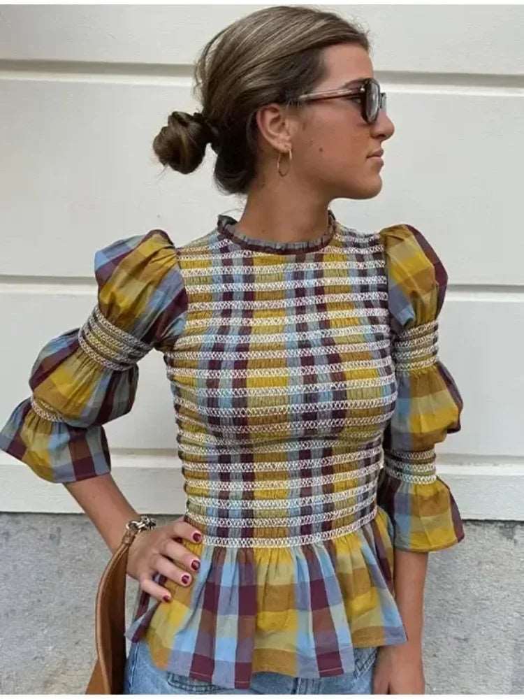 Chemisier, Blouse, rayé, manches courtes bouffantes, décontracté NEITH