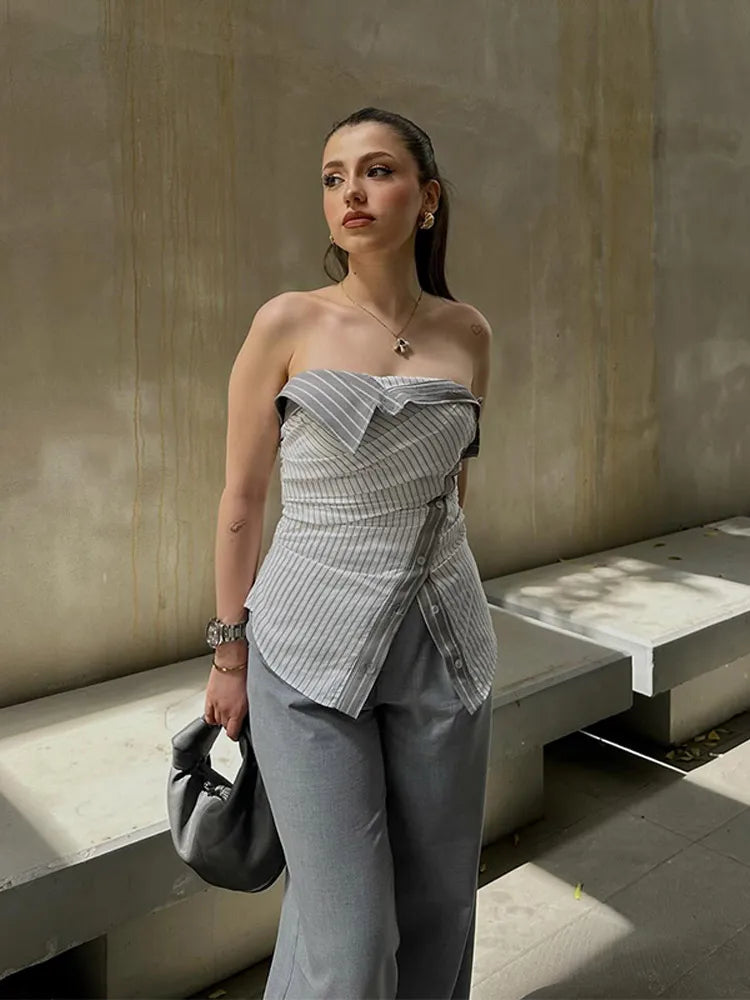 Chemisier bustier, à rayures,  avec fente,  à simple boutonnage, ourlet irrégulier, Streetstyle NEITH