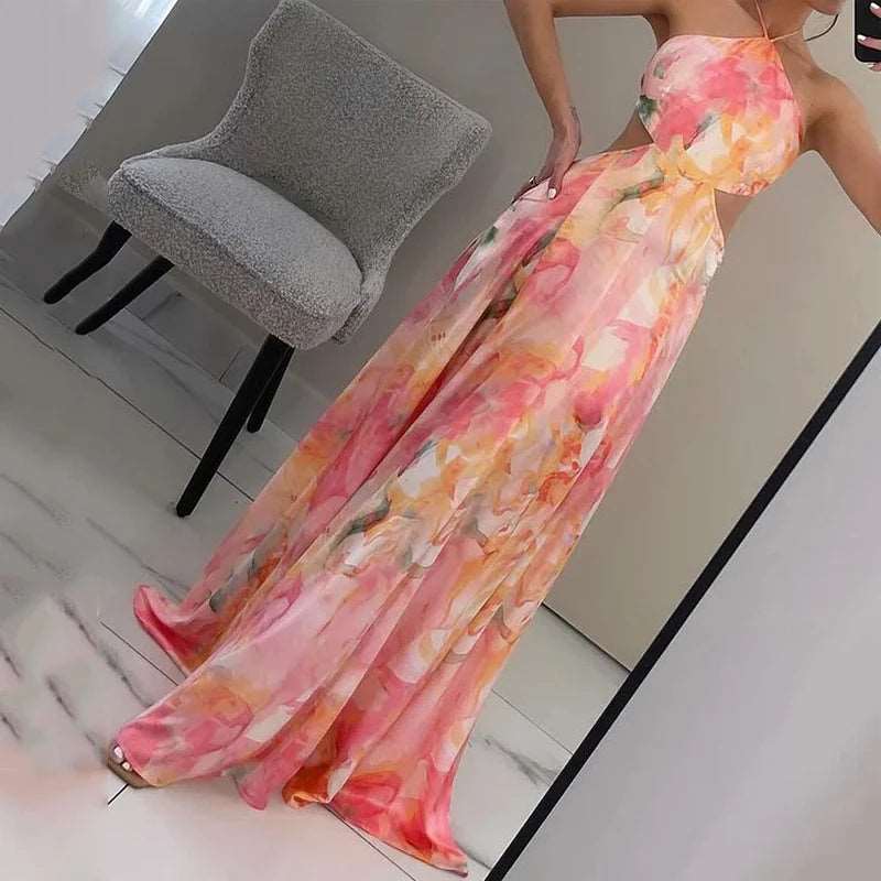 Robe longue, imprimé floral, dos nu, découpé, élégante NEITH