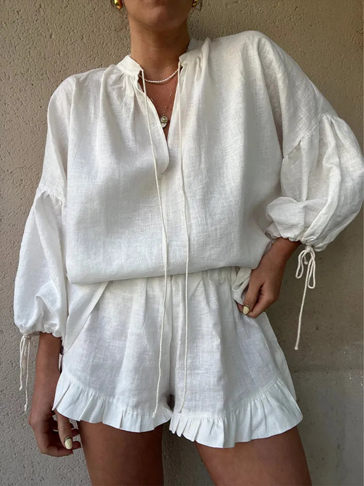 Ensemble 2 pièces, blanc, Chemise, à lacets, manches longues, short, taille élastique, High Street NEITH