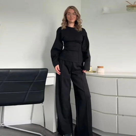 Ensemble élégant 2 pièces : top plissé manches bouffantes et pantalon large pour l'automne.