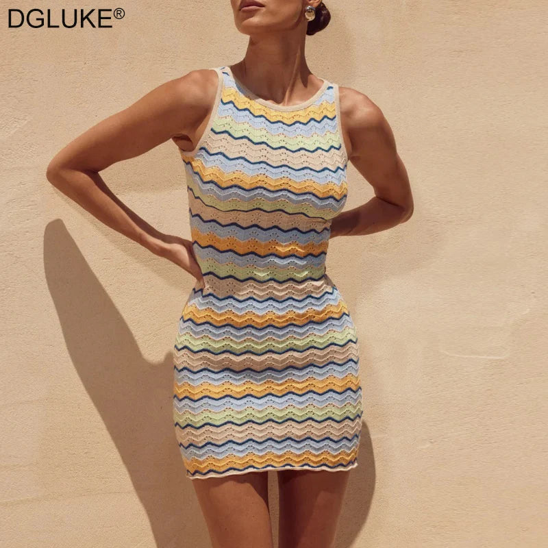 Robe courte, moulante, à rayures, crochet tricoté ajourée, beach wear NEITH